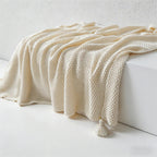 CouldNook Nordic Waffle Knit Throw - Cozy Pom-Pom Sofa Blanket & Bed Runner