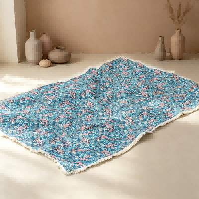 Bohemian Blue Floral Tassel Tablecloth & Picnic Blanket - Dual-Use Outdoor Mat
