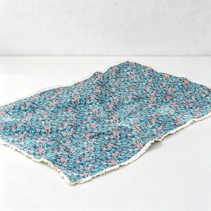 Bohemian Blue Floral Tassel Tablecloth & Picnic Blanket - Dual-Use Outdoor Mat