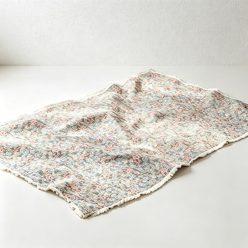 Bohemian Beige Floral Tassel Tablecloth & Picnic Blanket - Dual-Use Outdoor Mat