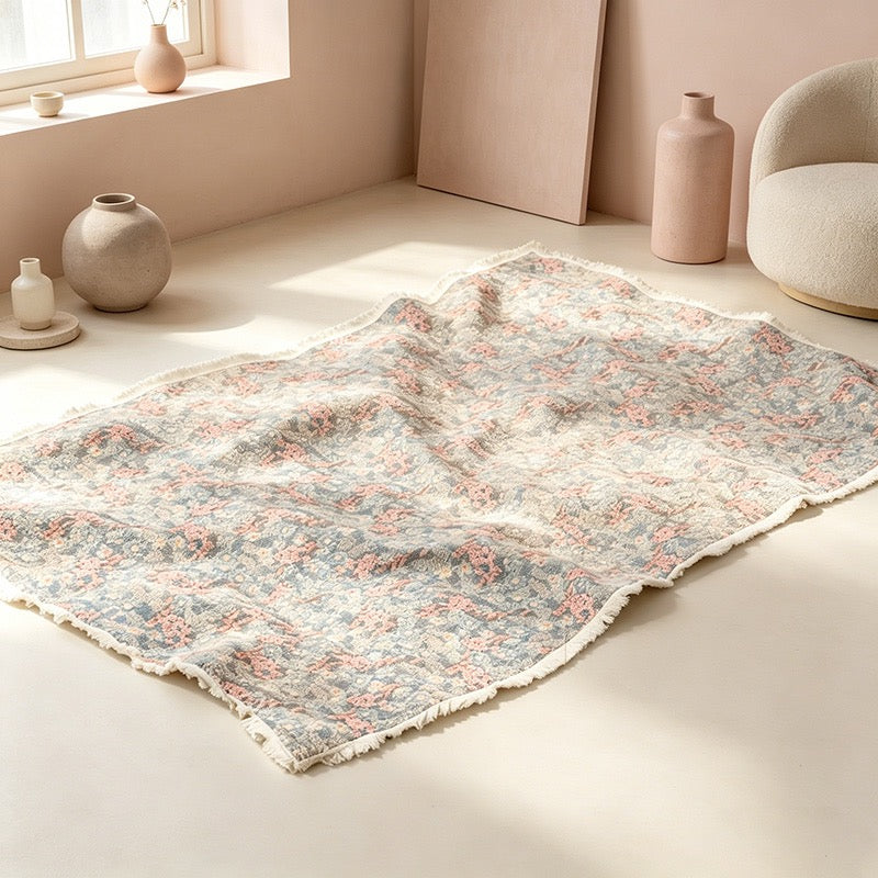 Bohemian Beige Floral Tassel Tablecloth & Picnic Blanket - Dual-Use Outdoor Mat