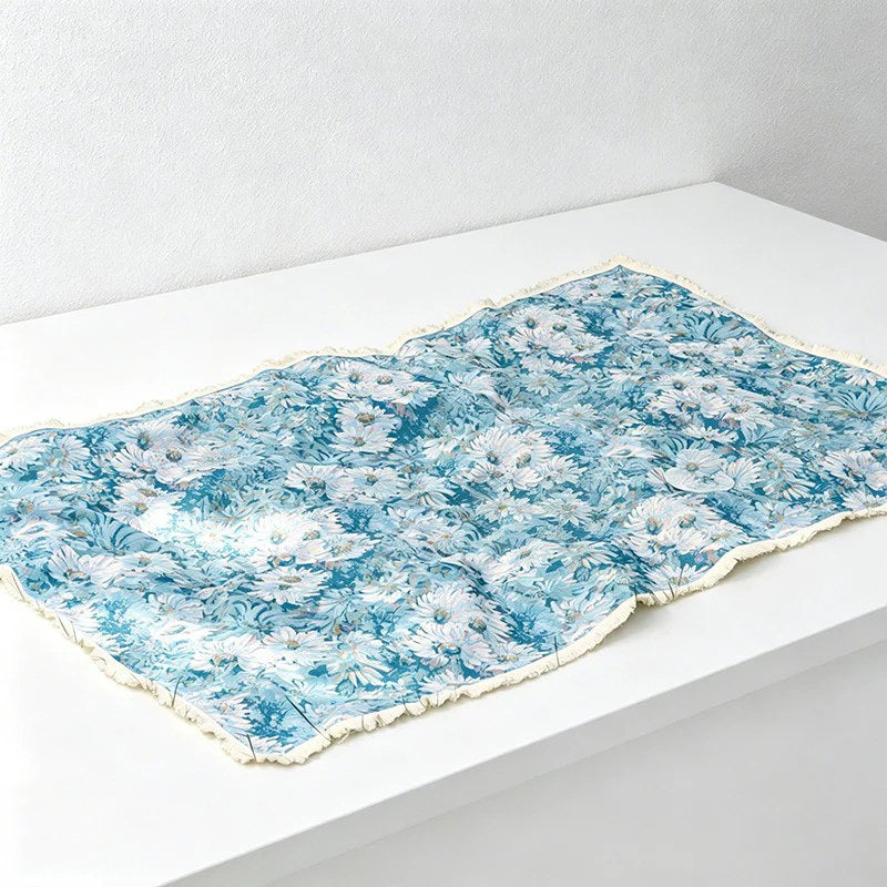 Blue Daisy Floral Tassel Tablecloth & Picnic Blanket - Dual-Use Outdoor Mat