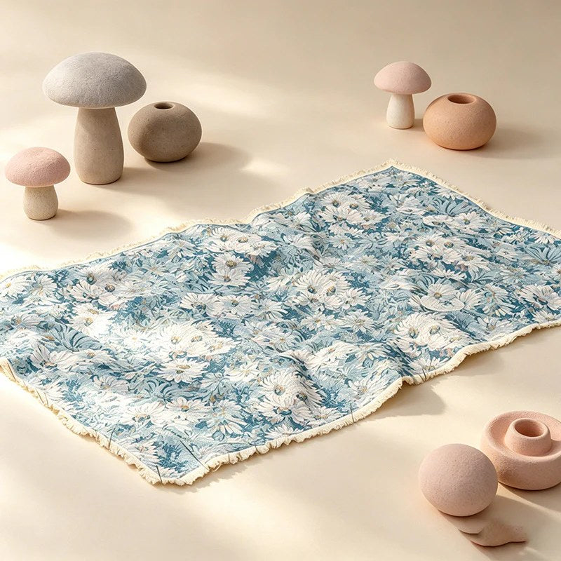 Blue Daisy Floral Tassel Tablecloth & Picnic Blanket - Dual-Use Outdoor Mat