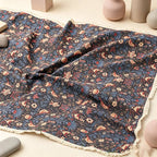 Bohemian Black Floral & Bird Print Tassel Tablecloth & Picnic Blanket - Dual-Use Outdoor Mat