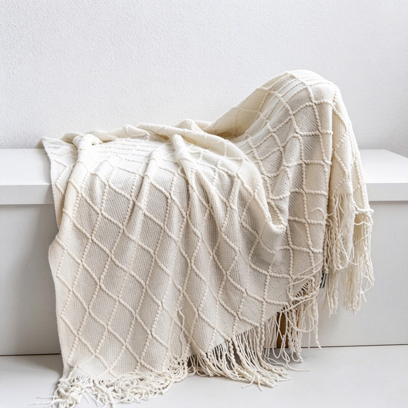 Diamond Knit Tassel Throw Blanket - Multi-Color Cozy Bed & Sofa Cover