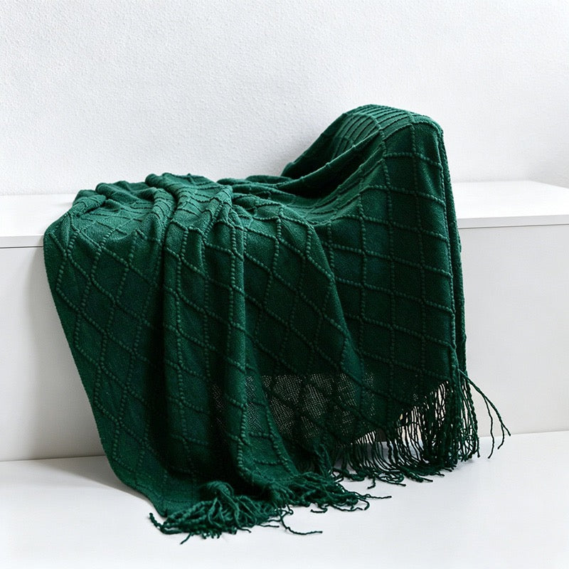 Diamond Knit Tassel Throw Blanket - Multi-Color Cozy Bed & Sofa Cover