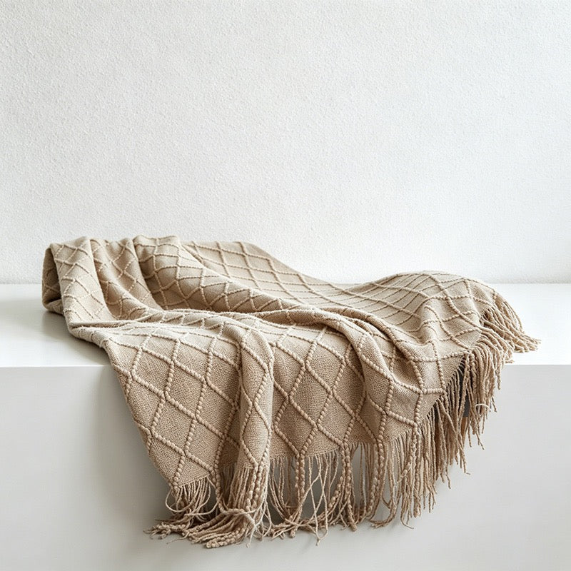 Diamond Knit Tassel Throw Blanket - Multi-Color Cozy Bed & Sofa Cover