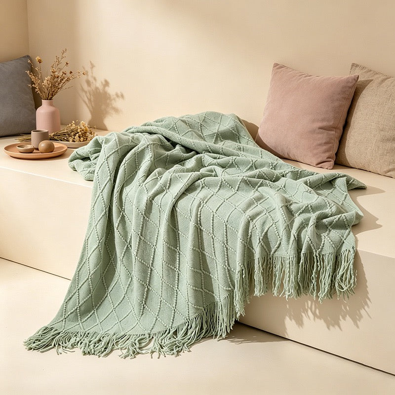 Diamond Knit Tassel Throw Blanket - Multi-Color Cozy Bed & Sofa Cover