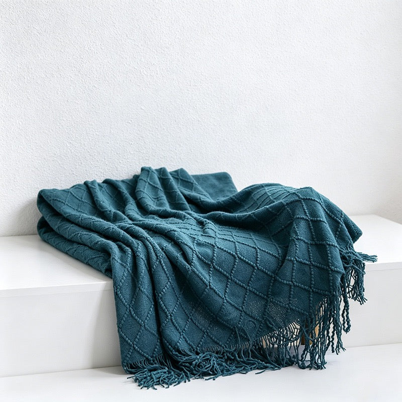 Diamond Knit Tassel Throw Blanket - Multi-Color Cozy Bed & Sofa Cover