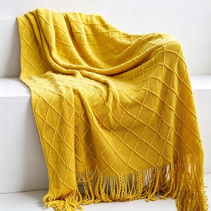 Diamond Knit Tassel Throw Blanket - Multi-Color Cozy Bed & Sofa Cover