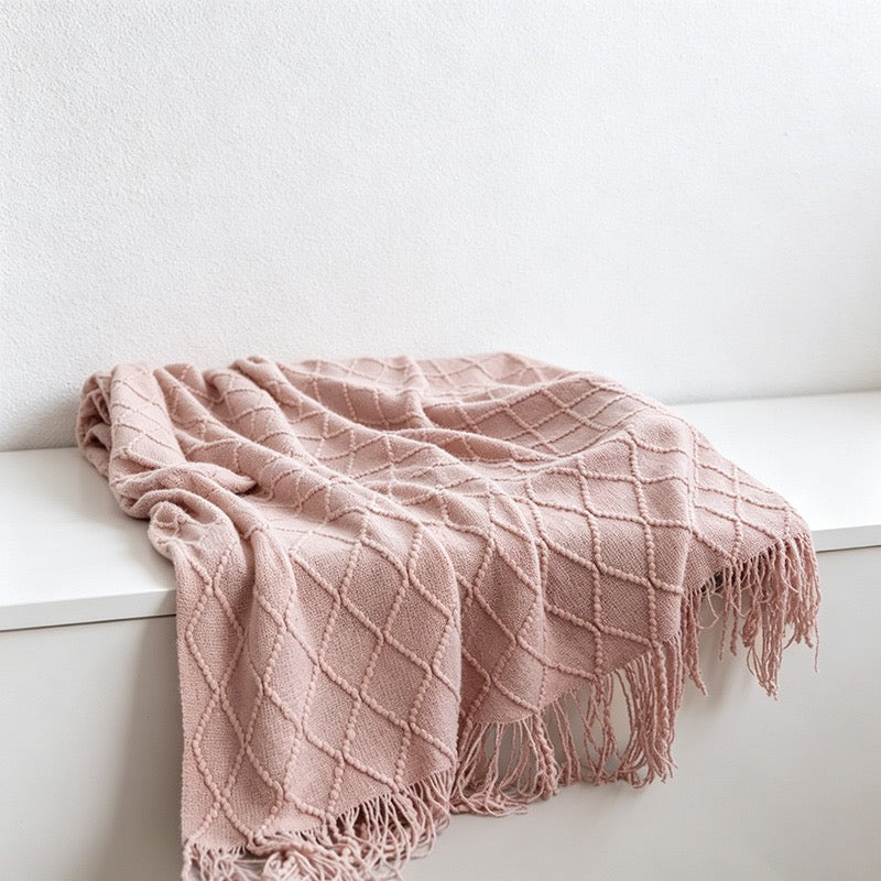 Diamond Knit Tassel Throw Blanket - Multi-Color Cozy Bed & Sofa Cover