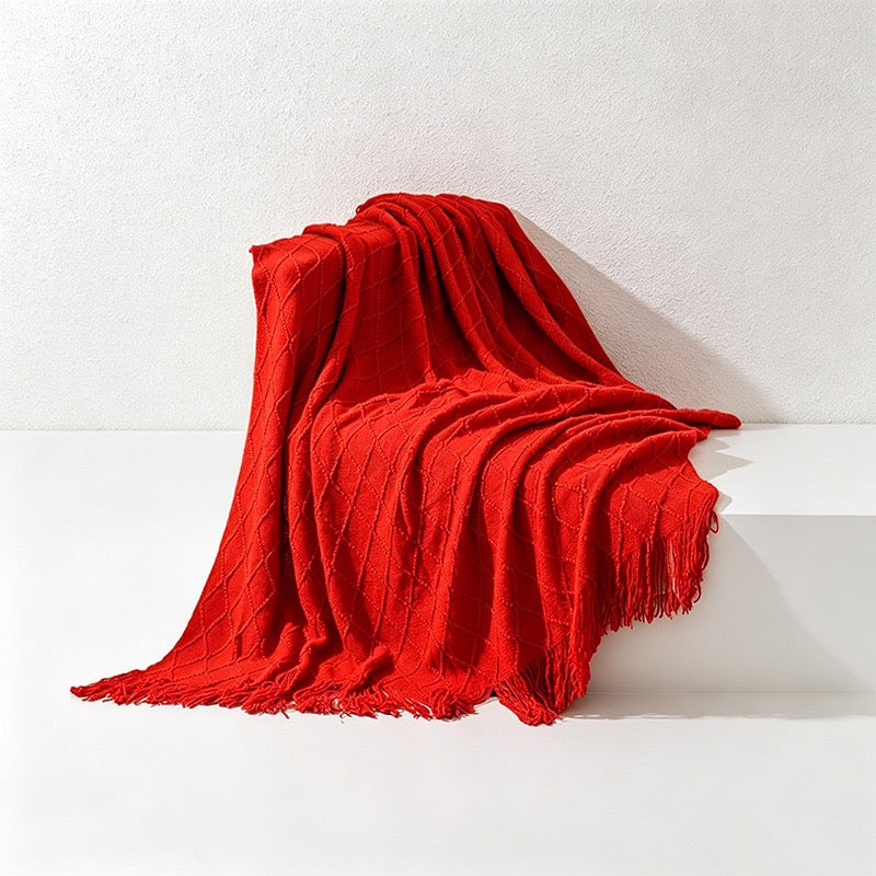 Diamond Knit Tassel Throw Blanket - Multi-Color Cozy Bed & Sofa Cover