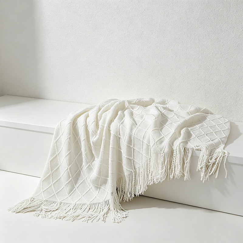 Diamond Knit Tassel Throw Blanket - Multi-Color Cozy Bed & Sofa Cover