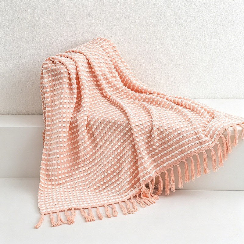 Waffle Knit Tassel Throw Blanket - Multi-Color Cozy Sofa & Bed Cover
