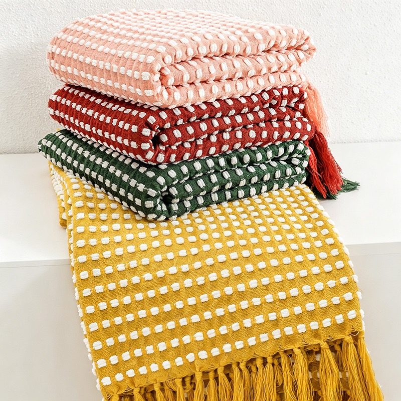 Waffle Knit Tassel Throw Blanket - Multi-Color Cozy Sofa & Bed Cover