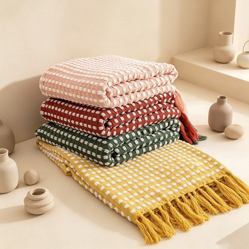 Waffle Knit Tassel Throw Blanket - Multi-Color Cozy Sofa & Bed Cover