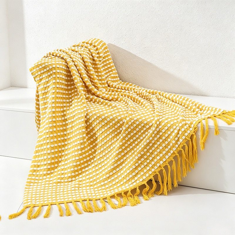 Waffle Knit Tassel Throw Blanket - Multi-Color Cozy Sofa & Bed Cover