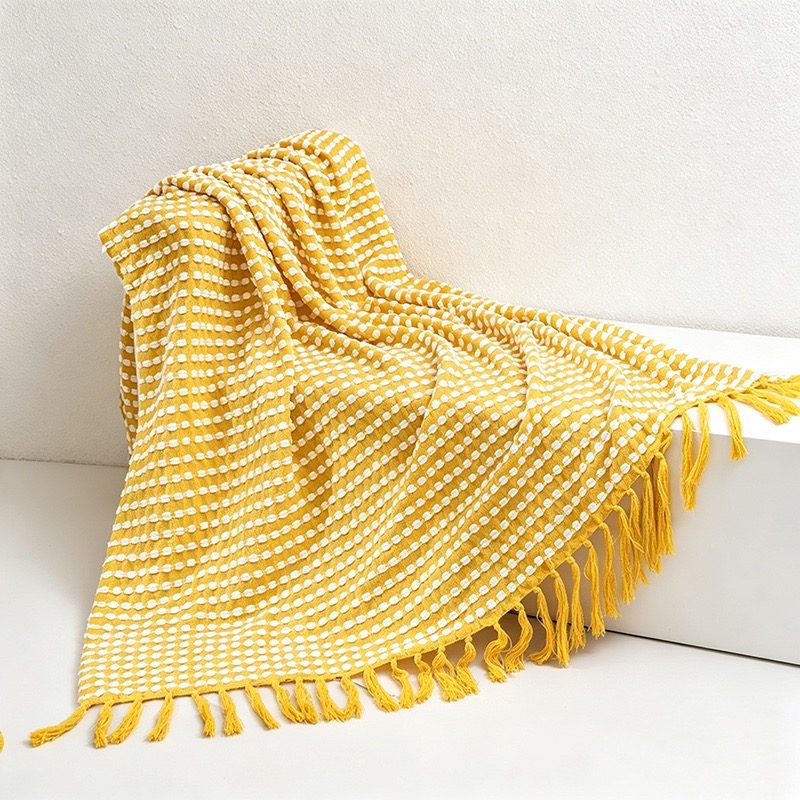Waffle Knit Tassel Throw Blanket - Multi-Color Cozy Sofa & Bed Cover