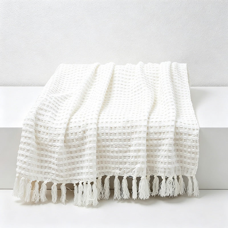 Waffle Knit Tassel Throw Blanket - Multi-Color Cozy Sofa & Bed Cover