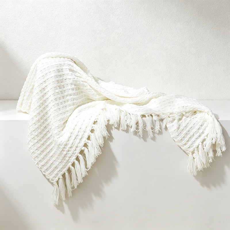 Waffle Knit Tassel Throw Blanket - Multi-Color Cozy Sofa & Bed Cover