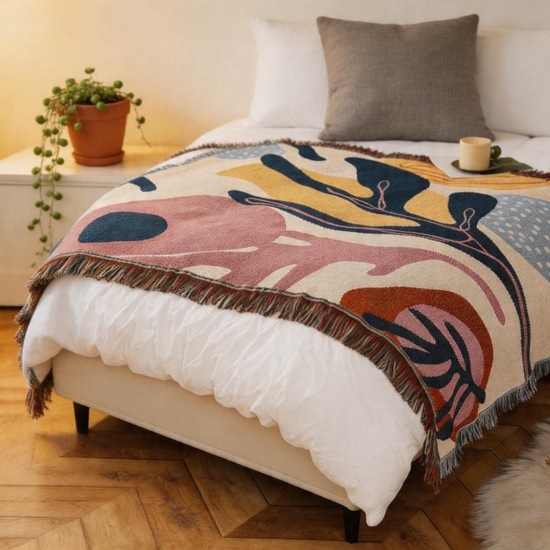 CouldNook Woven Throw Blanket - Mid-Century Abstract Botanical Tapestry