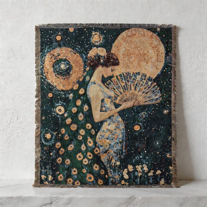 CouldNook Woven Throw Blanket - Art Deco Peacock Princess Tapestryl