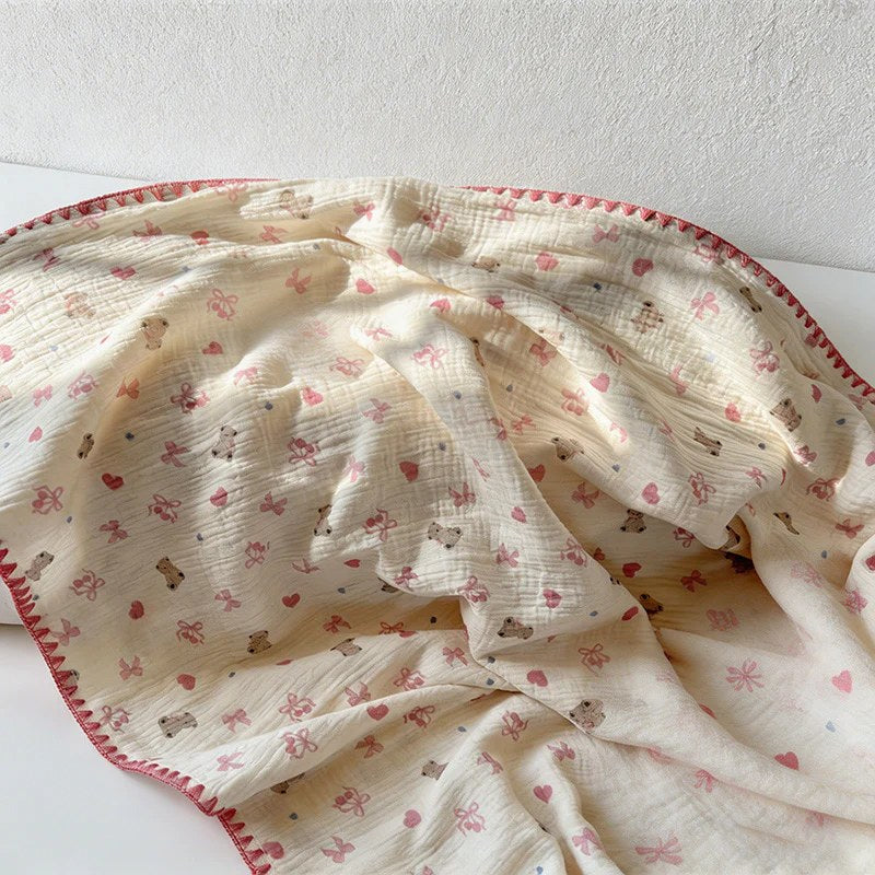 CouldNook 100% Cotton Crinkle Muslin Blanket - Kawaii Bear Baby-Safe Throw