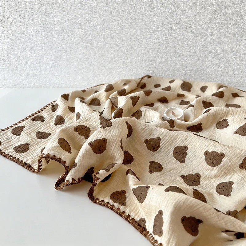 CouldNook 100% Cotton Crinkle Muslin Blanket - Kawaii Bear Baby-Safe Throw