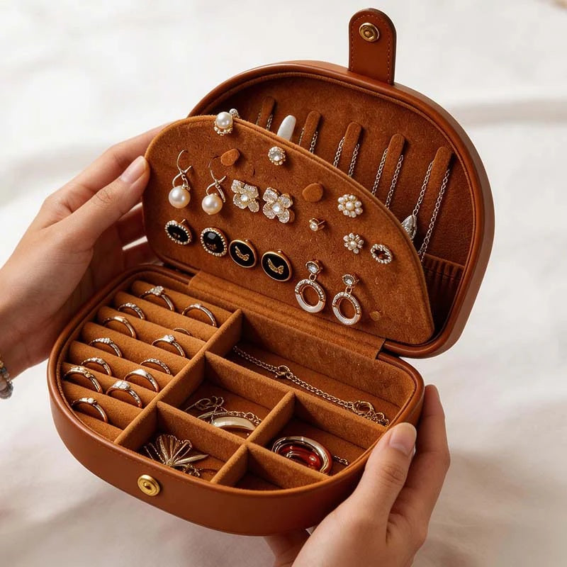 CouldNook Half-Moon PU Leather Jewelry Box - Vintage Double-Layer Organizer Case