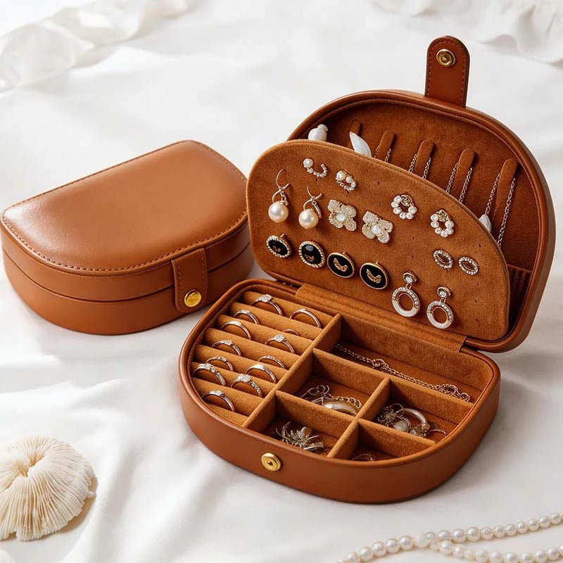 CouldNook Half-Moon PU Leather Jewelry Box - Vintage Double-Layer Organizer Case