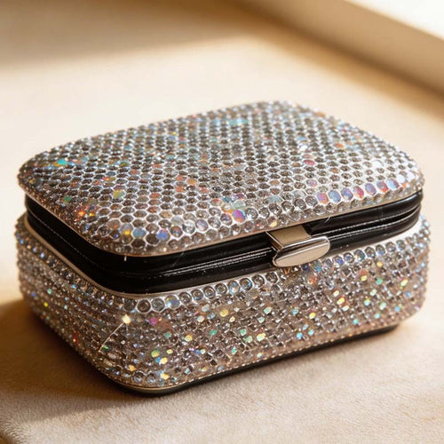 CouldNook Bling Rhinestone Mini Jewelry Box - Sparkly Metal Travel Organizer Case