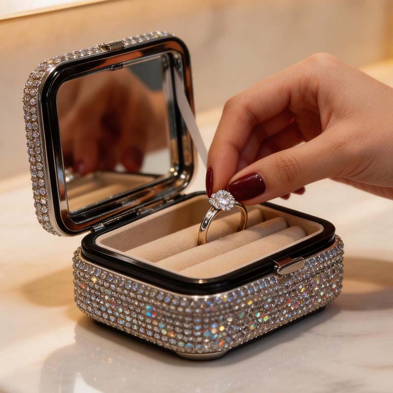 CouldNook Bling Rhinestone Mini Jewelry Box - Sparkly Metal Travel Organizer Case
