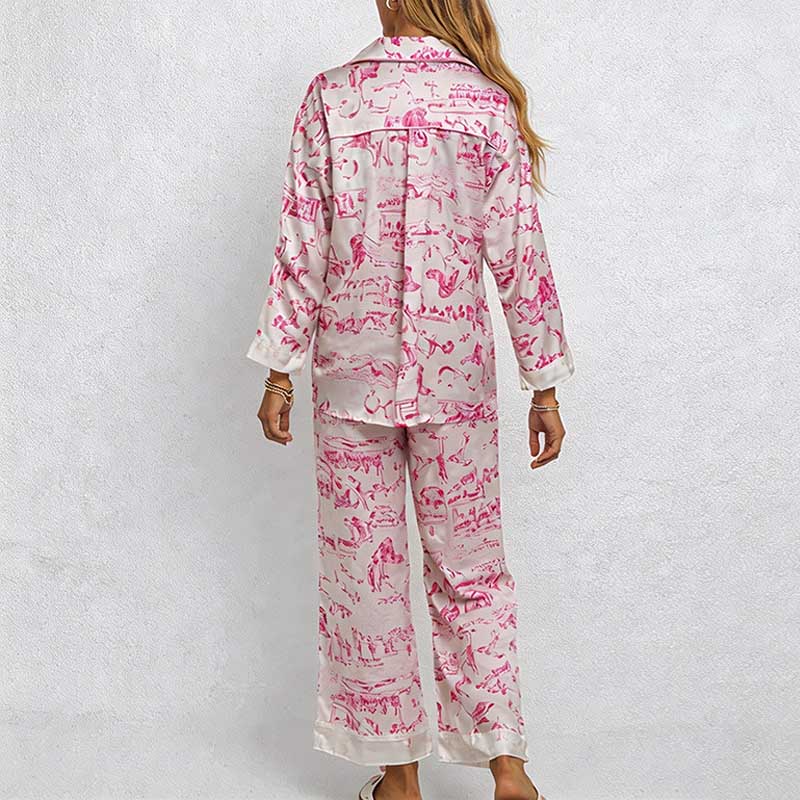 CouldNook Pajama Set 2 Piece-Toile Print Long Sleeve Button Down Top & Loose Wide Leg Pants Lounge Set
