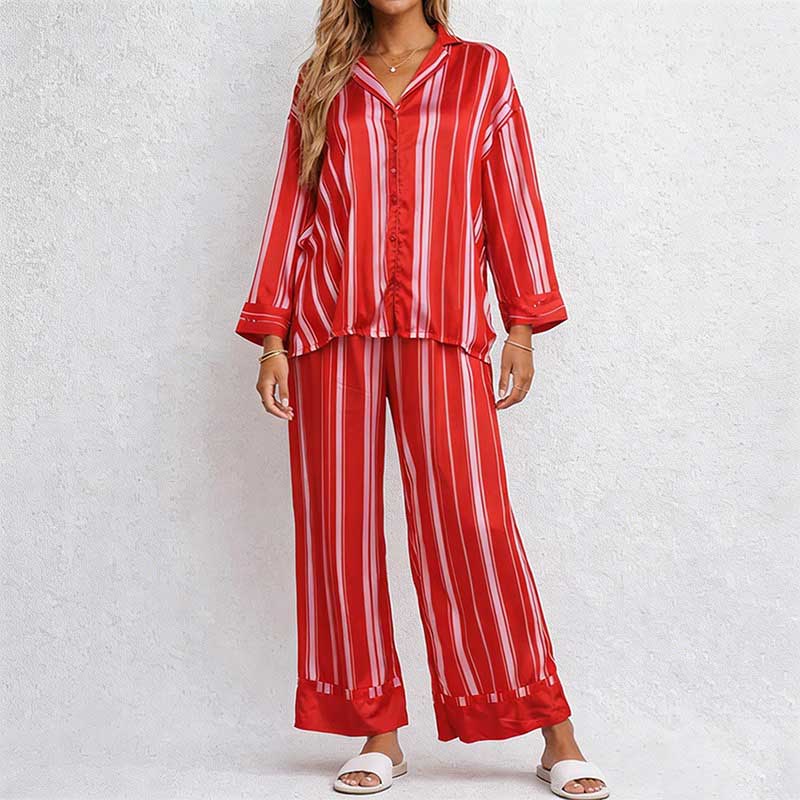 CouldNook Pajama Set 2 Piece-Red Stripe Long Sleeve Button Down Top & Loose Wide Leg Pants Lounge Set