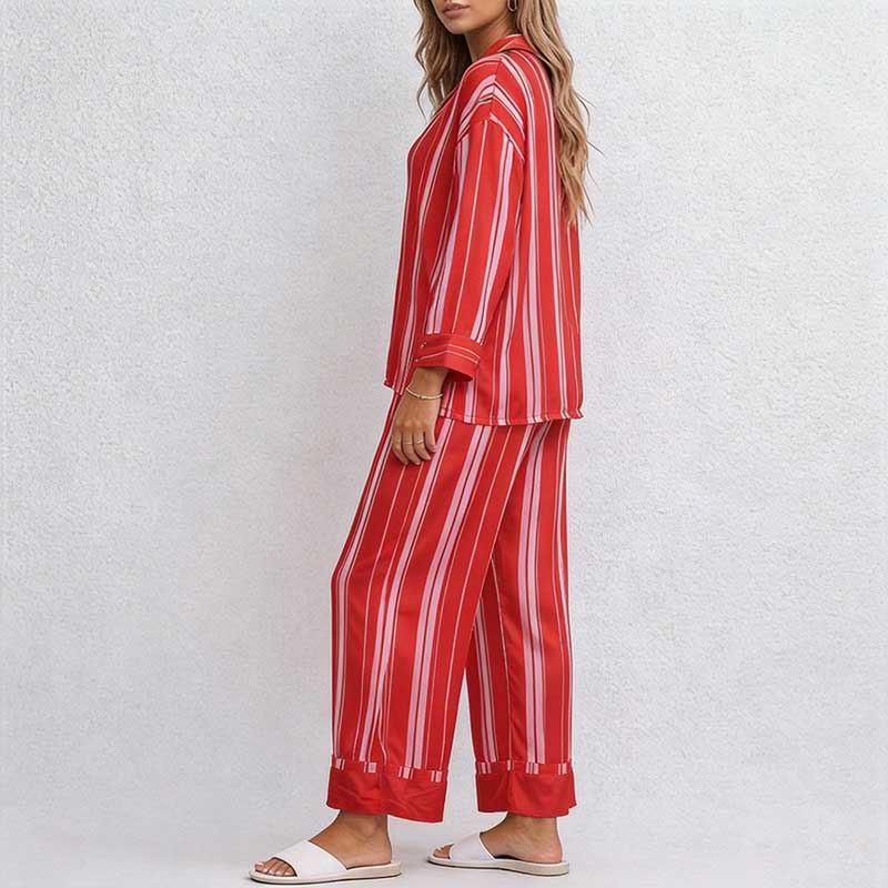 CouldNook Pajama Set 2 Piece-Red Stripe Long Sleeve Button Down Top & Loose Wide Leg Pants Lounge Set