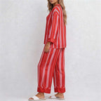 CouldNook Pajama Set 2 Piece-Red Stripe Long Sleeve Button Down Top & Loose Wide Leg Pants Lounge Set