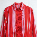 CouldNook Pajama Set 2 Piece-Red Stripe Long Sleeve Button Down Top & Loose Wide Leg Pants Lounge Set