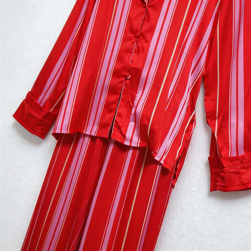 CouldNook Pajama Set 2 Piece-Red Stripe Long Sleeve Button Down Top & Loose Wide Leg Pants Lounge Set
