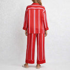 CouldNook Pajama Set 2 Piece-Red Stripe Long Sleeve Button Down Top & Loose Wide Leg Pants Lounge Set