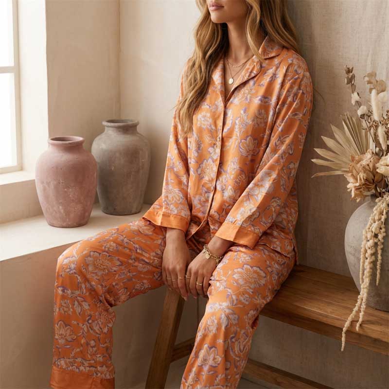 CouldNook Pajama Set 2 Piece-Floral Print Long Sleeve Button Down Top & Loose Pants Lounge Set