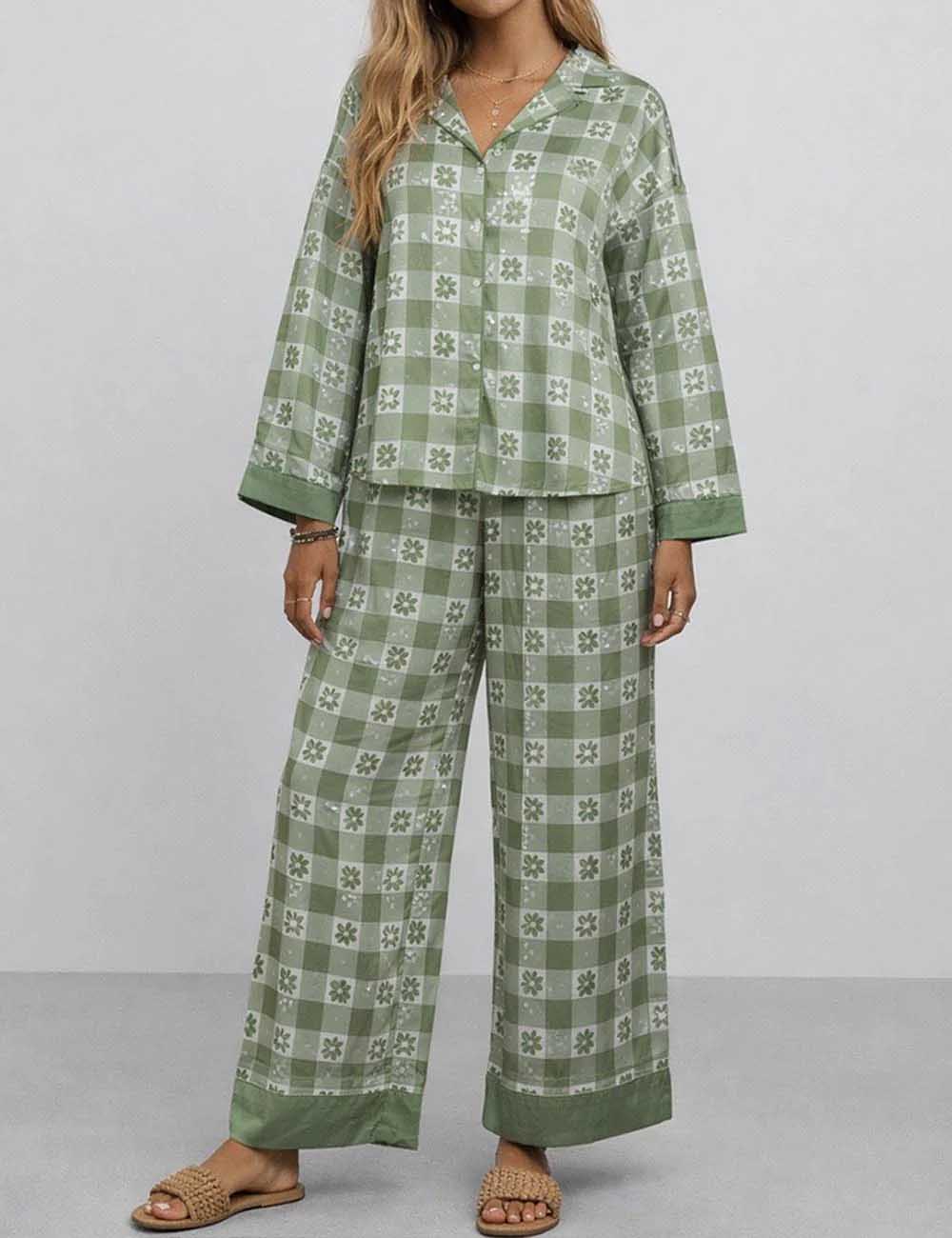 CouldNook Pajama Set 2 Piece-Green Plaid Floral Long Sleeve Button Down Top & Loose Pants Lounge Set