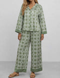 CouldNook Pajama Set 2 Piece-Green Plaid Floral Long Sleeve Button Down Top & Loose Pants Lounge Set
