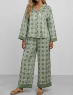 CouldNook Pajama Set 2 Piece-Green Plaid Floral Long Sleeve Button Down Top & Loose Pants Lounge Set
