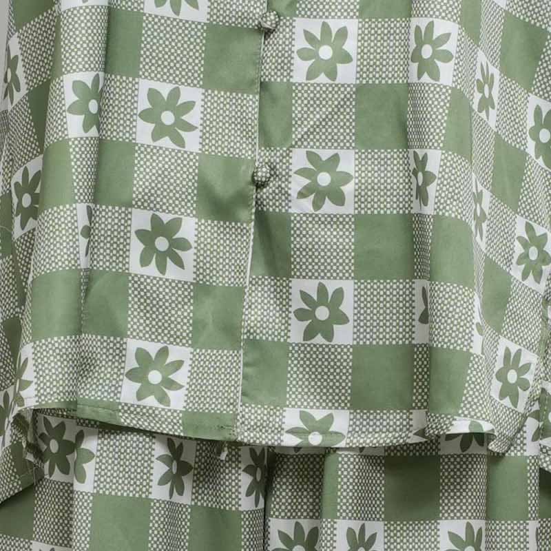 CouldNook Pajama Set 2 Piece-Green Plaid Floral Long Sleeve Button Down Top & Loose Pants Lounge Set