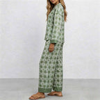 CouldNook Pajama Set 2 Piece-Green Plaid Floral Long Sleeve Button Down Top & Loose Pants Lounge Set