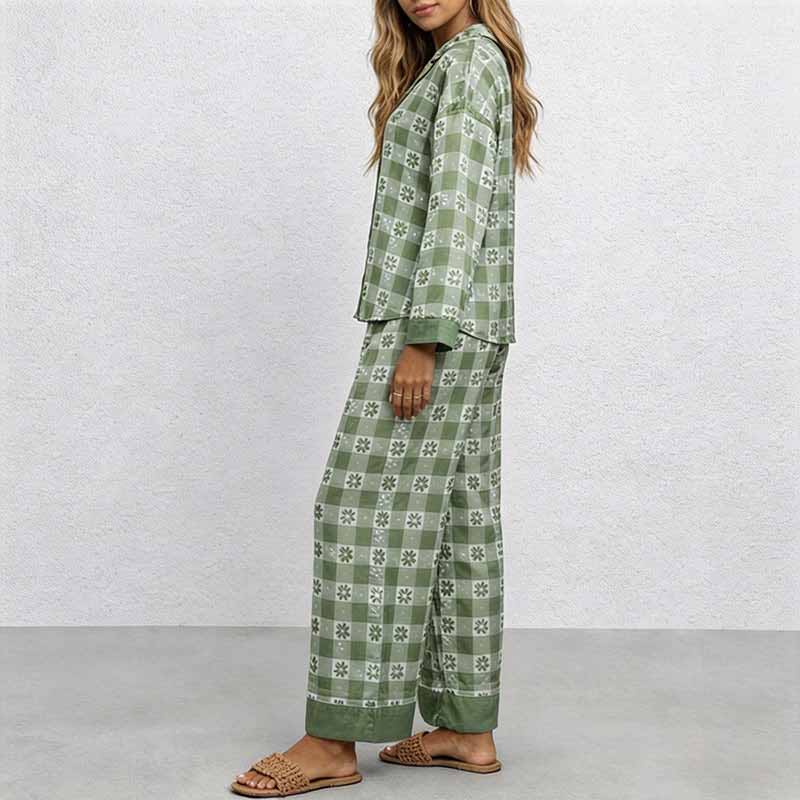 CouldNook Pajama Set 2 Piece-Green Plaid Floral Long Sleeve Button Down Top & Loose Pants Lounge Set