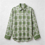 CouldNook Pajama Set 2 Piece-Green Plaid Floral Long Sleeve Button Down Top & Loose Pants Lounge Set