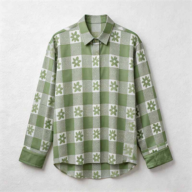CouldNook Pajama Set 2 Piece-Green Plaid Floral Long Sleeve Button Down Top & Loose Pants Lounge Set