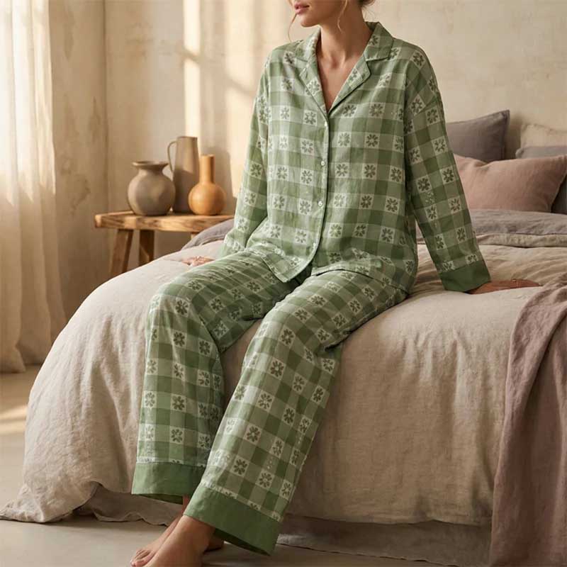 CouldNook Pajama Set 2 Piece-Green Plaid Floral Long Sleeve Button Down Top & Loose Pants Lounge Set