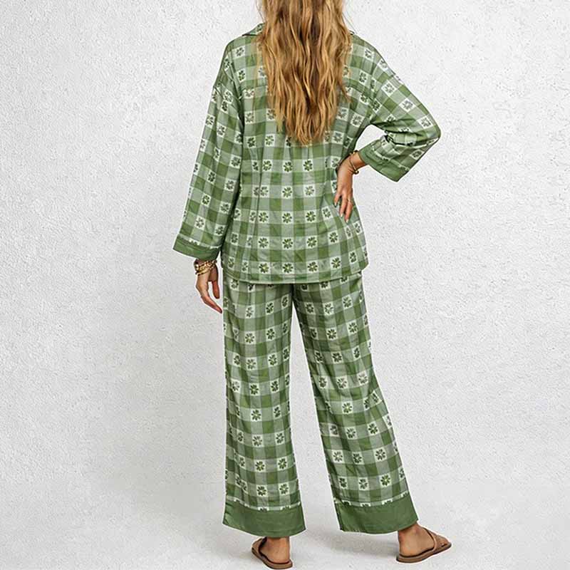 CouldNook Pajama Set 2 Piece-Green Plaid Floral Long Sleeve Button Down Top & Loose Pants Lounge Set